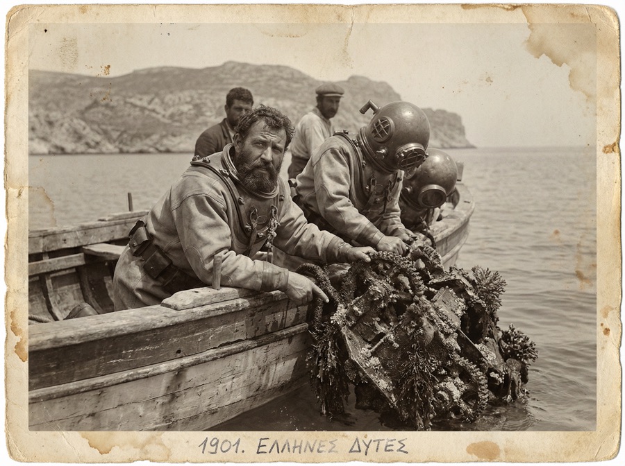 Greek sponge divers recovering artifacts from the Antikythera wreck, 1901
